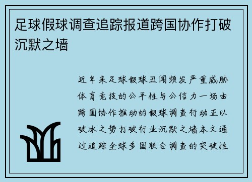 足球假球调查追踪报道跨国协作打破沉默之墙
